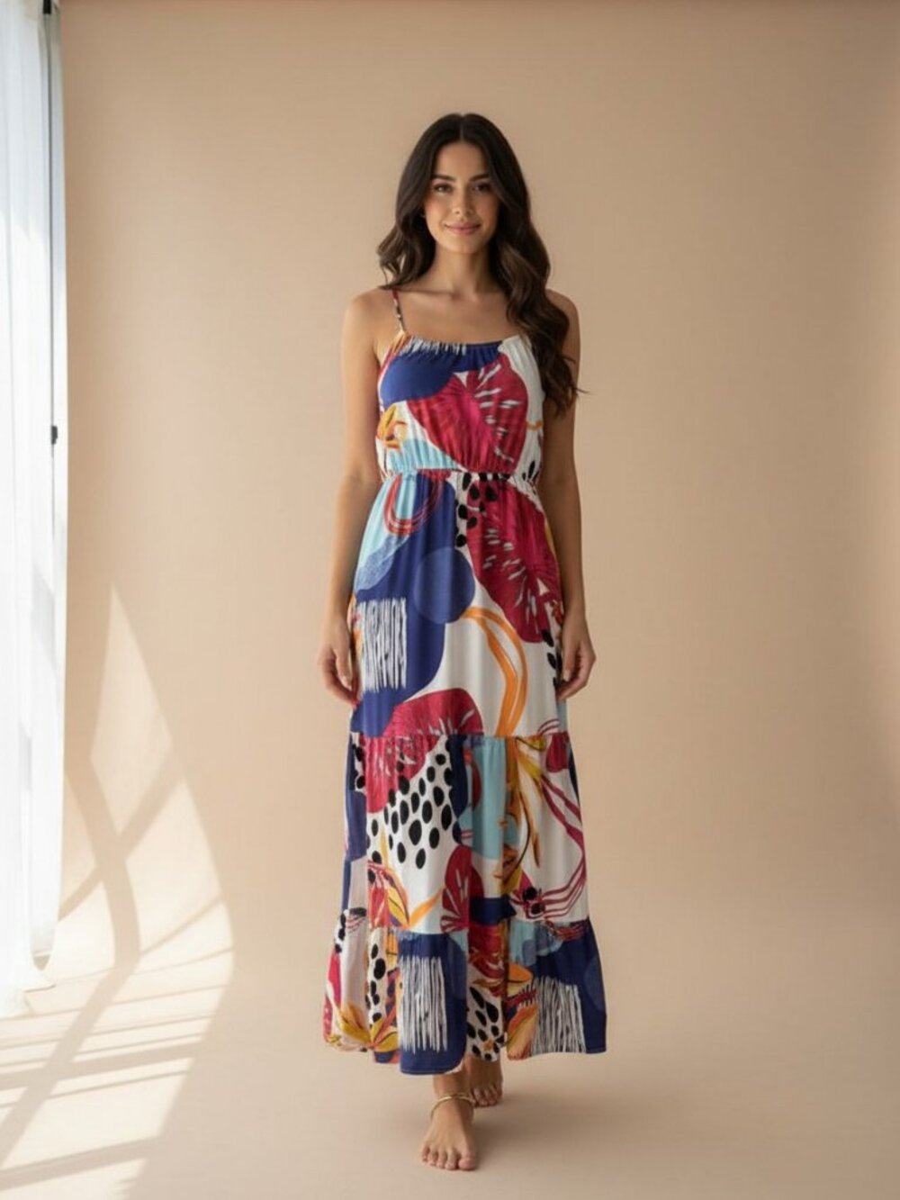Zinzane Tropical Maxi Dress Medium Tiered Colorful Strappy Boho
